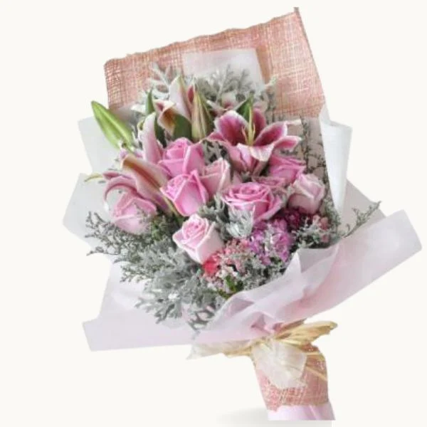 Heart Jewels - Lipstick Roses with Lilies Hand Bouquet