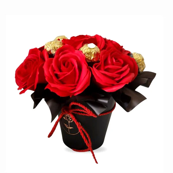 Crimson Charm - Ferraro Rocher Chocolates with Soap Flower Roses Bouquet