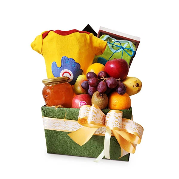 Nectar & Nibbles - Baby Shower Gift with Fruits, Honey & Baby Bodysuits