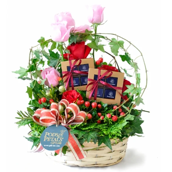 Leonidas Belgian Chocolate and Red Pink Roses Gift Basket Delivery Malaysia